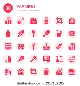 farming icon set. Collection of 30 filled farming icons included Milk, Shovel, Fruit box, Crop, Rake, Jug, Farm, Wheat, Tuber, Rabbit hutch, Greenhouse, Field, Cows, Tractor, Turkey