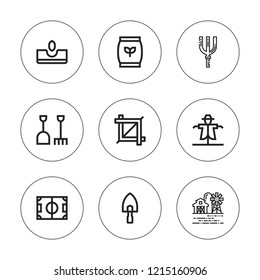 Farming icon set. collection of 9 outline farming icons with crop, fertilizer, field, garden fork, farm, scarecrow, sow icons. editable icons.