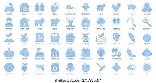 Conjunto de Ícones da Agricultura. Contendo Trator, Celeiro, Trigo, Milho, Lata De Rega, Espantalho, Vaca, Frango, Porco, Feno, Feno, Ícone Do Agricultor. Estilo azul linear