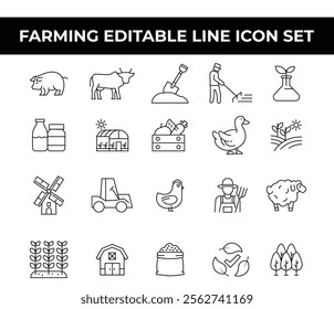 Farming Icon Set featuring editable line icons of crops, animals, tools, and farming equipment. Ideal for agricultural businesses, farming apps, brochures, and educational materials. Vector icons