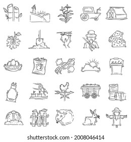Juego de iconos de agricultura. icono dibujado a mano, contorno negro, icono de doodle, diseño de iconos vectoriales.