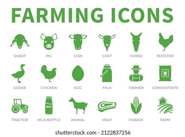 Icono de la agricultura conjunto de ovinos, cerdos, vacas, cabras, caballos, gallos, gansos, gallinas, huevos, leche, granjeros, concentrados, tractores, botellas, animales, carnes, forrajes y íconos de granja.