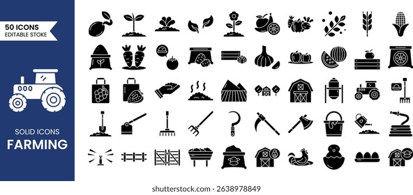 Farming icon set in solid style. Contain icons related to Farm, Farmer, Agricultural, Harvesting, fruit and vegetables, livestock and more. Vector illustration