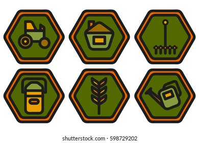 Farming icon set in warm colors. Flat vector background illustration. Contains icons of farm house, plants & more. Simple fine style. Good for website, stickers, poster & many others.