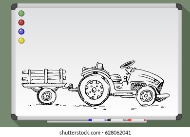 Farming icon. tractor with trailer icon. Hand drawn vector illustration. Whiteboard design