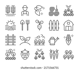 Farming icons. Farming and Agriculture line icon set. Editable Stroke.