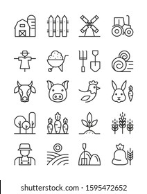 Farming icons black and white linear set. Domestic farm animals cow, chicken, rabbit and pig. Harvesting combine, fields with wheat. Agricultural illustrations isolated on white background.