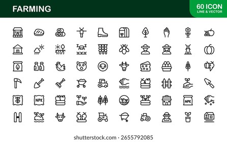 Colección de iconos agrícolas con Ilustraciones vectoriales de herramientas agrícolas, plantas, animales y Elementos de cosecha