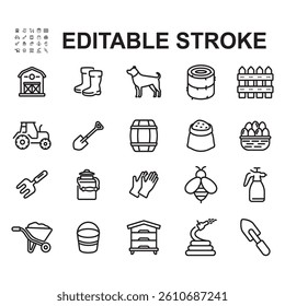 Farming icons collection. Thin line style vectors. Contains icons such as eggs, beehives, tractors and many more.
