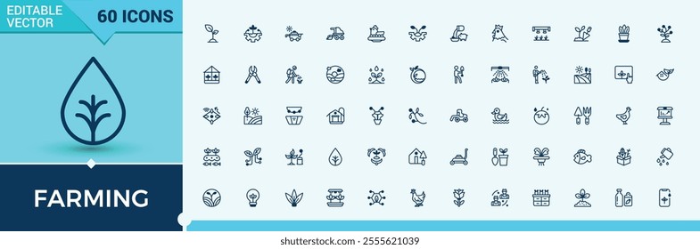 Farming icons. Containing robot, harvest, tractor, green, equipment, gardening and more. Minimal linear icons. Vector illustration in modern line style.