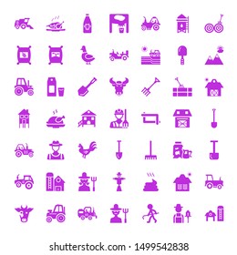 farming icons. Editable 49 farming icons. Included icons such as Barn, Farmer, Farmer hoeing, Tractor, Cow, Greenhouse, Manure, Scarecrow, Silo. farming trendy icons for web.