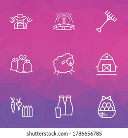 Farming icons line style set with sacks, egg basket, barn and other easter elements. Isolated vector illustration farming icons.