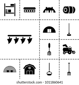 Farming icons. set of 13 editable filled farming icons such as tractor, pitchfork, hoe, barn, hay, plowing tool