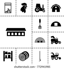 Farming icons. set of 13 editable filled farming icons such as hay, tractor, barn, pitchfork, hoe, seed bag, cargo barn