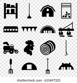 Farming icons set. set of 16 farming filled icons such as hay, tractor, rooster, barn, pitchfork, plowing tool, hoe, seed bag