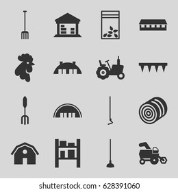Farming icons set. set of 16 farming filled icons such as hay, tractor, rooster, barn, pitchfork, plowing tool, hoe, seed bag