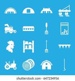 Farming icons set. set of 16 farming filled icons such as hay, tractor, rooster, barn, pitchfork, plowing tool, hoe, seed bag