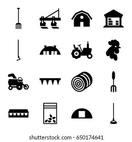 Farming icons set. set of 16 farming filled icons such as hay, tractor, rooster, barn, pitchfork, plowing tool, hoe, seed bag