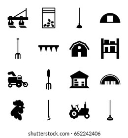 Farming icons set. set of 16 farming filled icons such as tractor, rooster, barn, pitchfork, plowing tool, hoe, seed bag