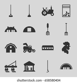 Farming icons set. set of 16 farming filled icons such as tractor, rooster, barn, pitchfork, hoe, seed bag