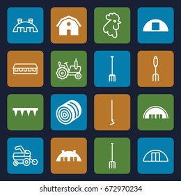 Farming icons set. set of 16 farming filled and outline icons such as hay, barn, pitchfork, plowing tool, hoe, cargo barn, rooster