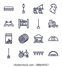 farming icons set. Set of 16 farming outline icons such as rooster, hay, tractor, barn, pitchfork, plowing tool, hoe, seed bag