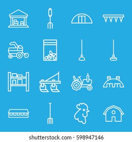 farming icons set. Set of 16 farming outline icons such as rooster, tractor, barn, pitchfork, plowing tool, hoe, seed bag