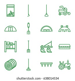 Farming icons set. set of 16 farming outline icons such as hay, tractor, barn, pitchfork, plowing tool, hoe, seed bag