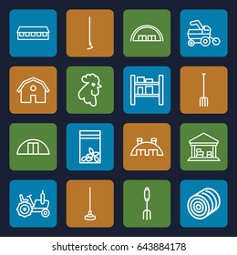 Farming icons set. set of 16 farming outline icons such as rooster, hay, tractor, barn, pitchfork, hoe, seed bag