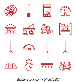 Farming icons set. set of 16 farming outline icons such as rooster, hay, tractor, barn, pitchfork, plowing tool, hoe, seed bag