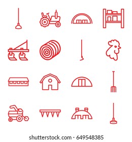 Farming icons set. set of 16 farming outline icons such as rooster, hay, tractor, barn, pitchfork, plowing tool, hoe