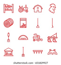 Farming icons set. set of 16 farming outline icons such as rooster, hay, tractor, barn, pitchfork, plowing tool, hoe, seed bag