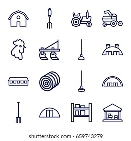Farming icons set. set of 16 farming outline icons such as rooster, hay, tractor, barn, pitchfork, hoe