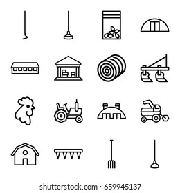 Farming icons set. set of 16 farming outline icons such as rooster, hay, tractor, barn, pitchfork, plowing tool, hoe, seed bag