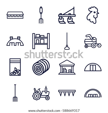 farming icons set. Set of 16 farming outline icons such as rooster, hay, tractor, barn, pitchfork, plowing tool, hoe, seed bag