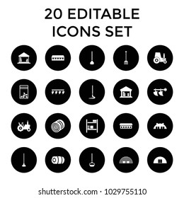 Farming icons. set of 20 editable filled farming icons such as hay, tractor, barn, pitchfork, hoe, seed bag, cargo barn. best quality farming elements in trendy style.
