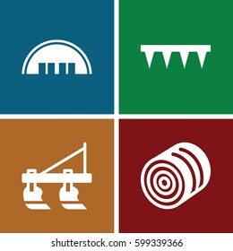 farming icons set. Set of 4 farming filled icons such as hay, tractor, barn