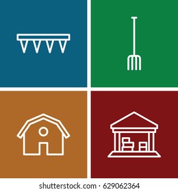 Farming icons set. set of 4 farming outline icons such as barn, pitchfork, plowing tool