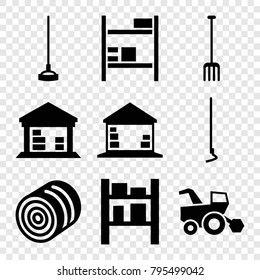 Farming icons. set of 9 editable filled farming icons such as hay, pitchfork, hoe, cargo barn