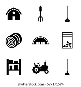 Farming icons set. set of 9 farming filled icons such as hay, tractor, barn, pitchfork, hoe, seed bag