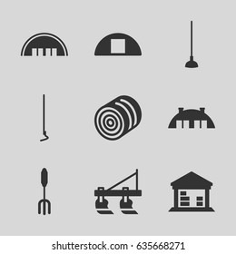 Farming icons set. set of 9 farming filled icons such as hay, tractor, barn, pitchfork, hoe