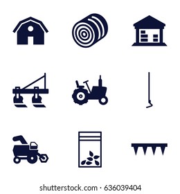 Farming icons set. set of 9 farming filled icons such as hay, tractor, barn, plowing tool, hoe, seed bag