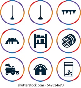 Farming icons set. set of 9 farming filled icons such as hay, tractor, barn, plowing tool, hoe, seed bag