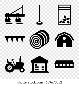 Farming icons set. set of 9 farming filled icons such as hay, tractor, barn, plowing tool, hoe, seed bag