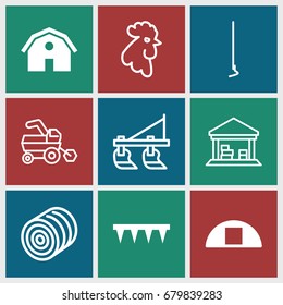 Farming icons set. set of 9 farming filled and outline icons such as barn, plowing tool, cargo barn, rooster, hay, tractor