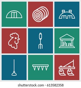 Farming icons set. set of 9 farming outline icons such as rooster, hay, tractor, pitchfork, plowing tool, hoe, cargo barn
