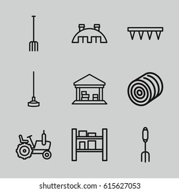 Farming icons set. set of 9 farming outline icons such as hay, tractor, pitchfork, plowing tool, hoe, cargo barn