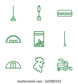Farming icons set. set of 9 farming outline icons such as rooster, tractor, barn, pitchfork, hoe, seed bag