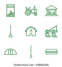 Farming icons set. set of 9 farming outline icons such as tractor, barn, hoe, seed bag