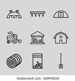 Farming icons set. set of 9 farming outline icons such as hay, tractor, barn, pitchfork, plowing tool, seed bag